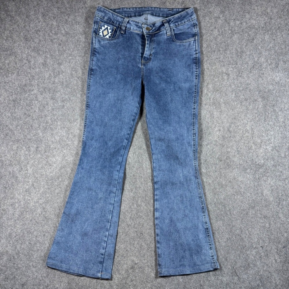 Wrangler Flare Jeans Womens 30x28 Blue Embroidered High Rise Wide Leg Denim